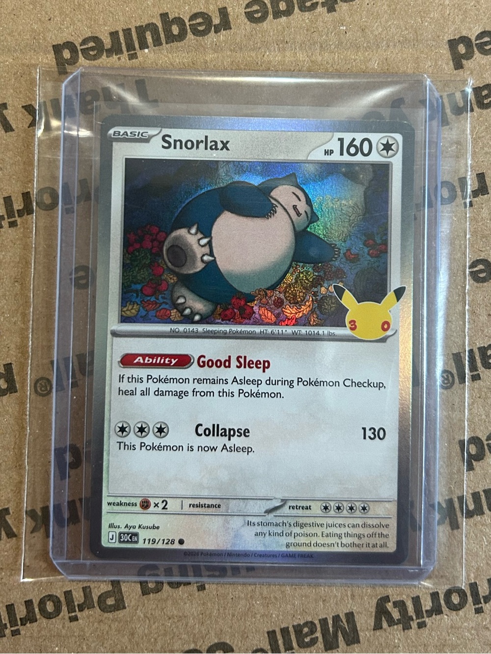 Holo Snorlax Card No. 119/128 ⢠30th Celebration Pokemon TCG